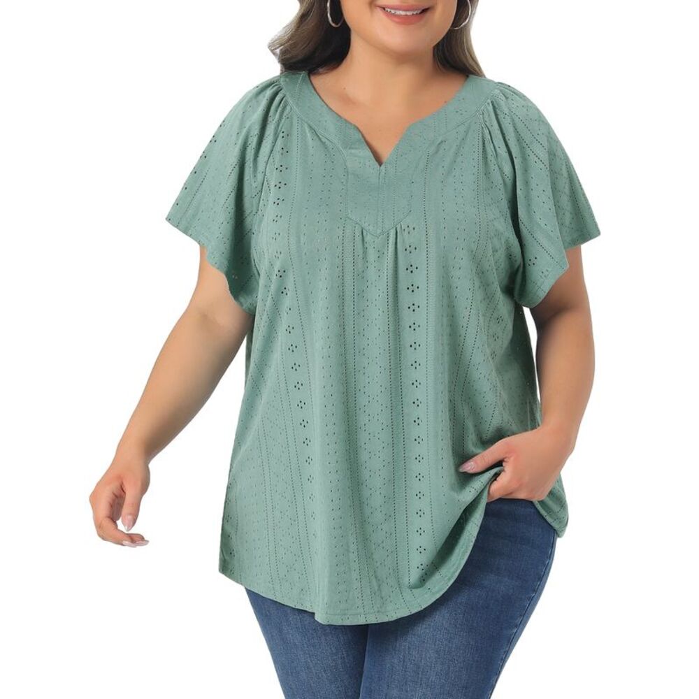 Women Plus Size Casual V Neck Hollow Out Short Sleeve Blouse Green